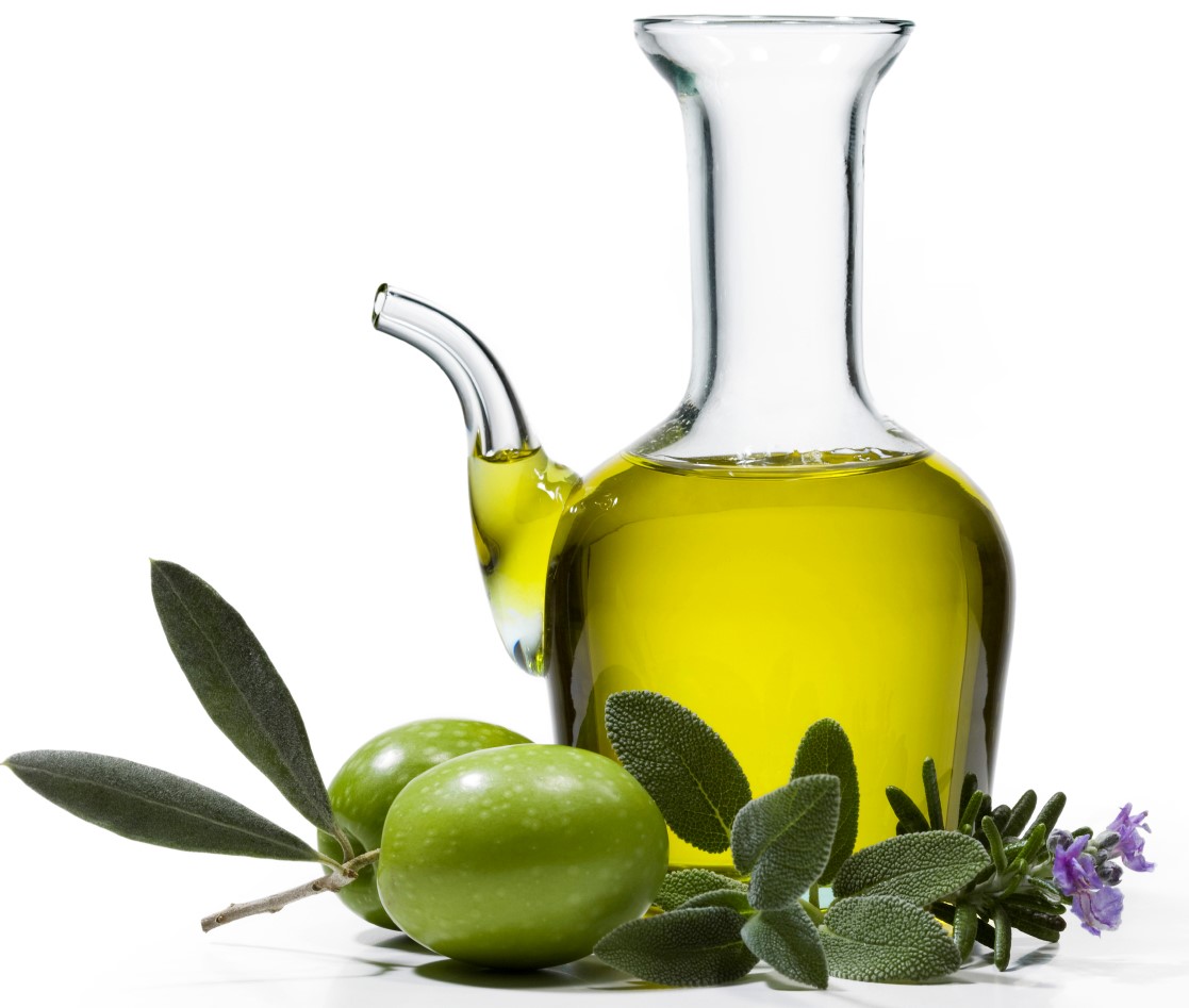 bottle of olive oil with two olives and spices on white background